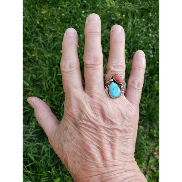 Vintage NA Turquoise Coral Native American Sterling Silver Ring Signed AR RR - Picture 9 of 15